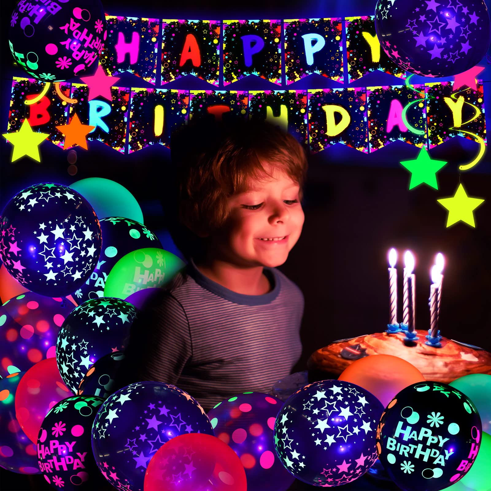 Jetec 71-Piece Neon Birthday Party Decorations Kit - Glow in The Dark Balloons, UV Neon Balloons, Star Swirls & Happy Birthday Banner - Perfect for Glow Parties, Raves, Nightclubs & UV Themed Celebrations