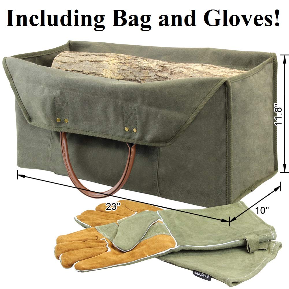 Premium Waxed Canvas Firewood Log Carrier Bag with Pure Leather Gloves - Heavy Duty Fireplace Accessories for Camping, Fireplace & Outdoor Use (Green)