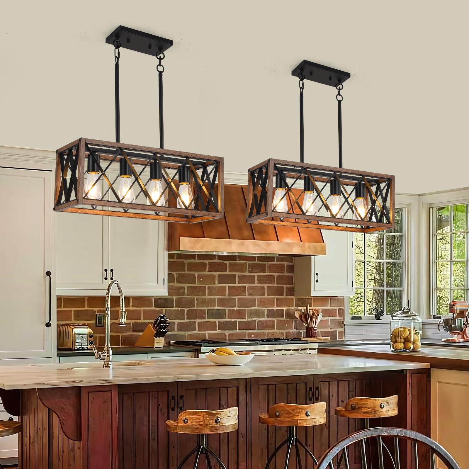 KEESFU 4-Light Adjustable Height Farmhouse Pendant Light - Rustic Wood Grain Linear Chandelier for Kitchen Island, Dining Room Table & Pool Table Lighting - Perfect for Farmhouse, Industrial & Modern Home Decor