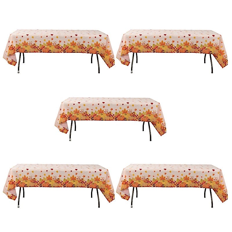 5 Pack 54 x 108 Inch Rectangular Plastic Tablecloths - Fall Autumn Leaves Pumpkin Print Orange for Thanksgiving, Halloween, and Seasonal Decorations - Waterproof & Disposable Party Table Cover for Indoor/Outdoor Use