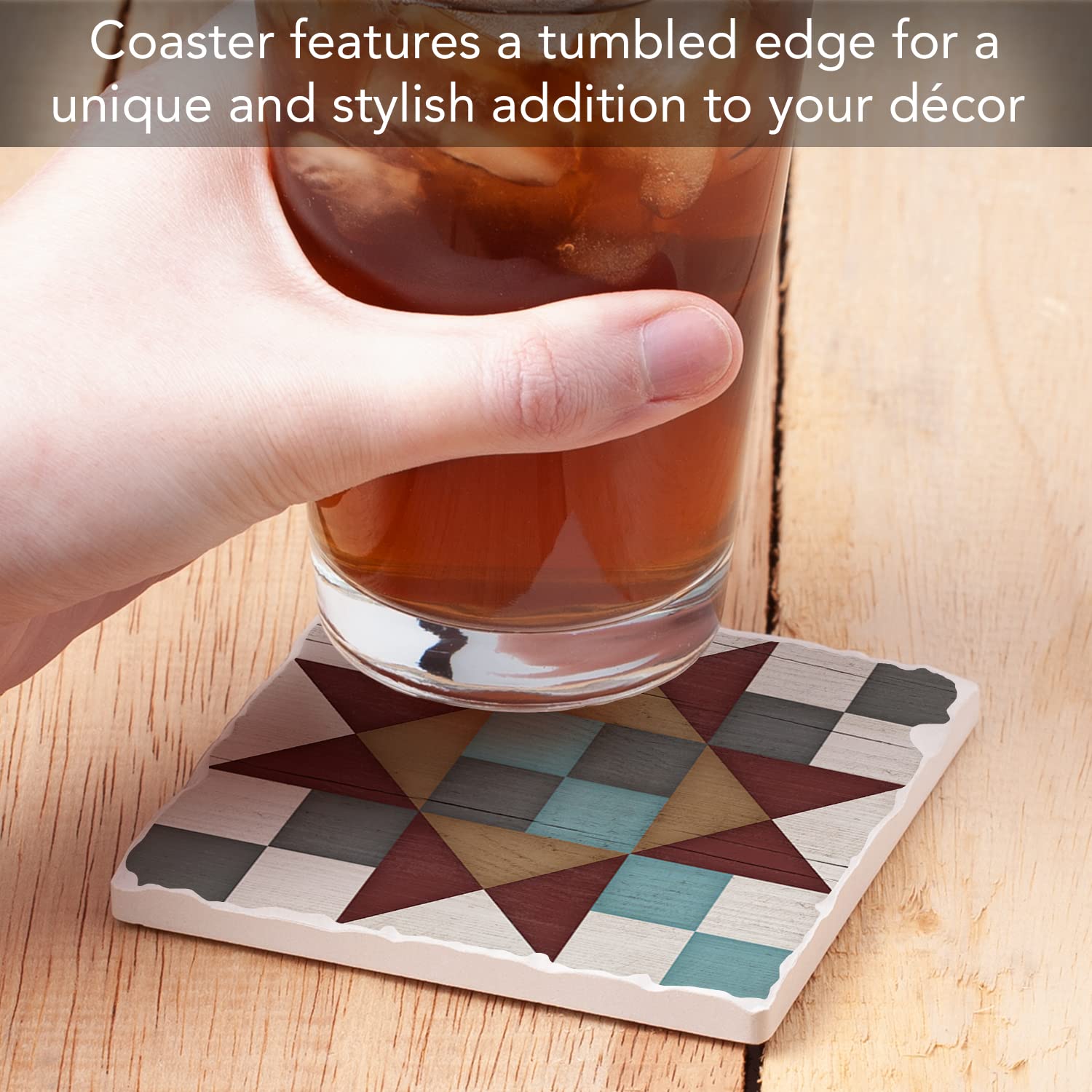 Thirstystone Quilt Design Friendship Star Single Tumbled Tile Stone Coaster with Cork Backing - 4