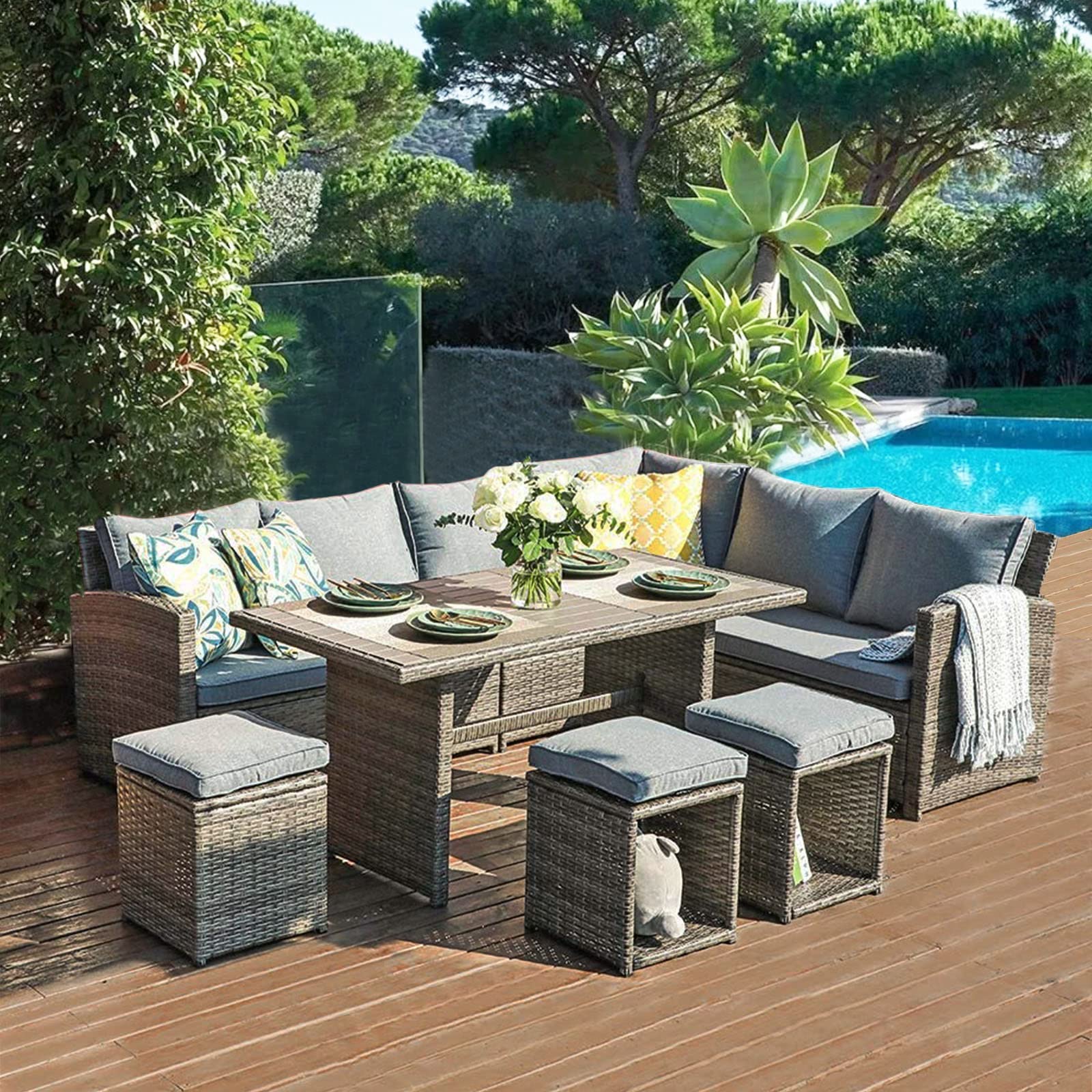 COBANA 7-Piece All-Weather Wicker Patio Furniture Set - Outdoor Sectional Sofa Conversation Set with Couch, Dining Table & Chairs in Gray - Perfect for Backyard, Garden, Poolside & Outdoor Entertaining