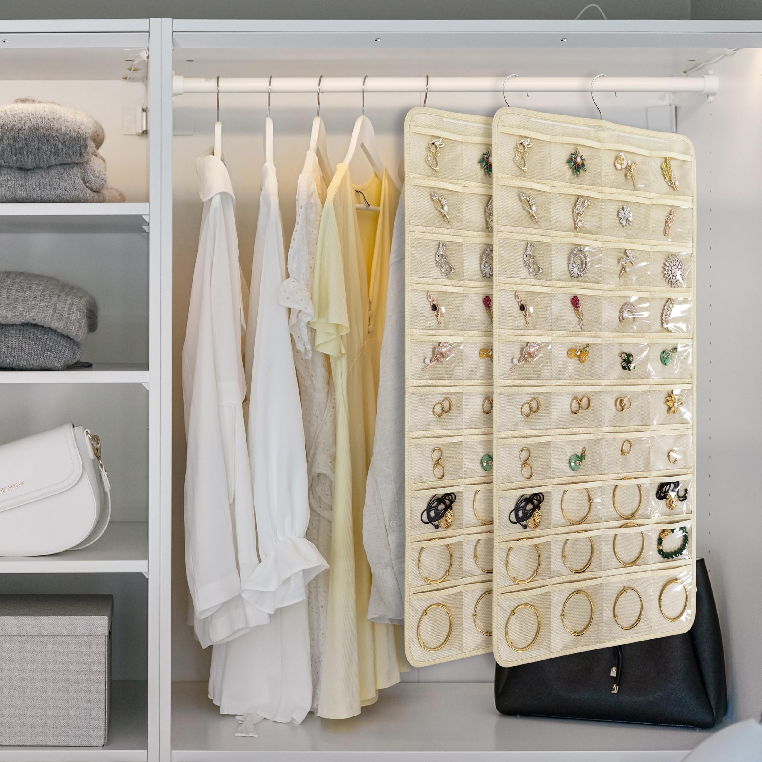 2 Pack (160 Pockets Total) Double-Sided Hanging Jewelry Organizer with Metal Hooks - Wall/Door/Closet Storage for Earrings, Necklaces, Rings - Space Saving Beige Jewelry Holder (2 Pcs) - Perfect for Bedroom, Bathroom & Travel Organization