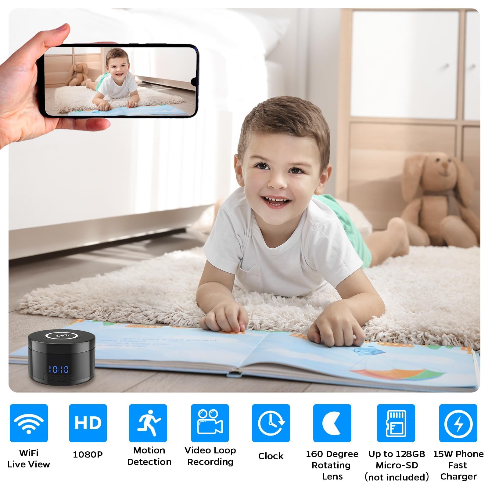 1080P HD Indoor Security Camera with Clock & Wireless Charging | WiFi Home Surveillance Camera with Motion Detection, Night Vision, Local/Cloud Storage | Perfect for Baby Monitoring, Pet Watching & Home Security
