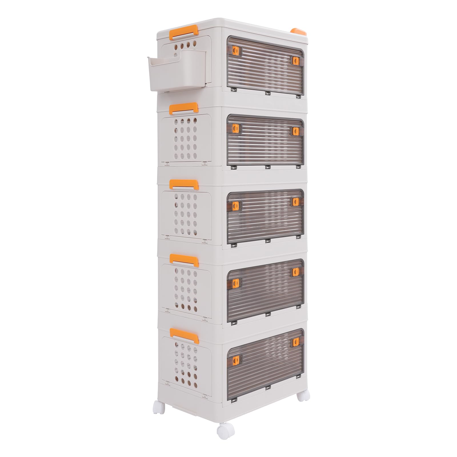 5-Tier Rolling Foldable Storage Organizer with Wheels & Side Basket - Collapsible Plastic Storage Cabinet for Bedroom, Living Room, Kitchen, Bathroom - Space-Saving Closet Organization Solution for Home & Office Use