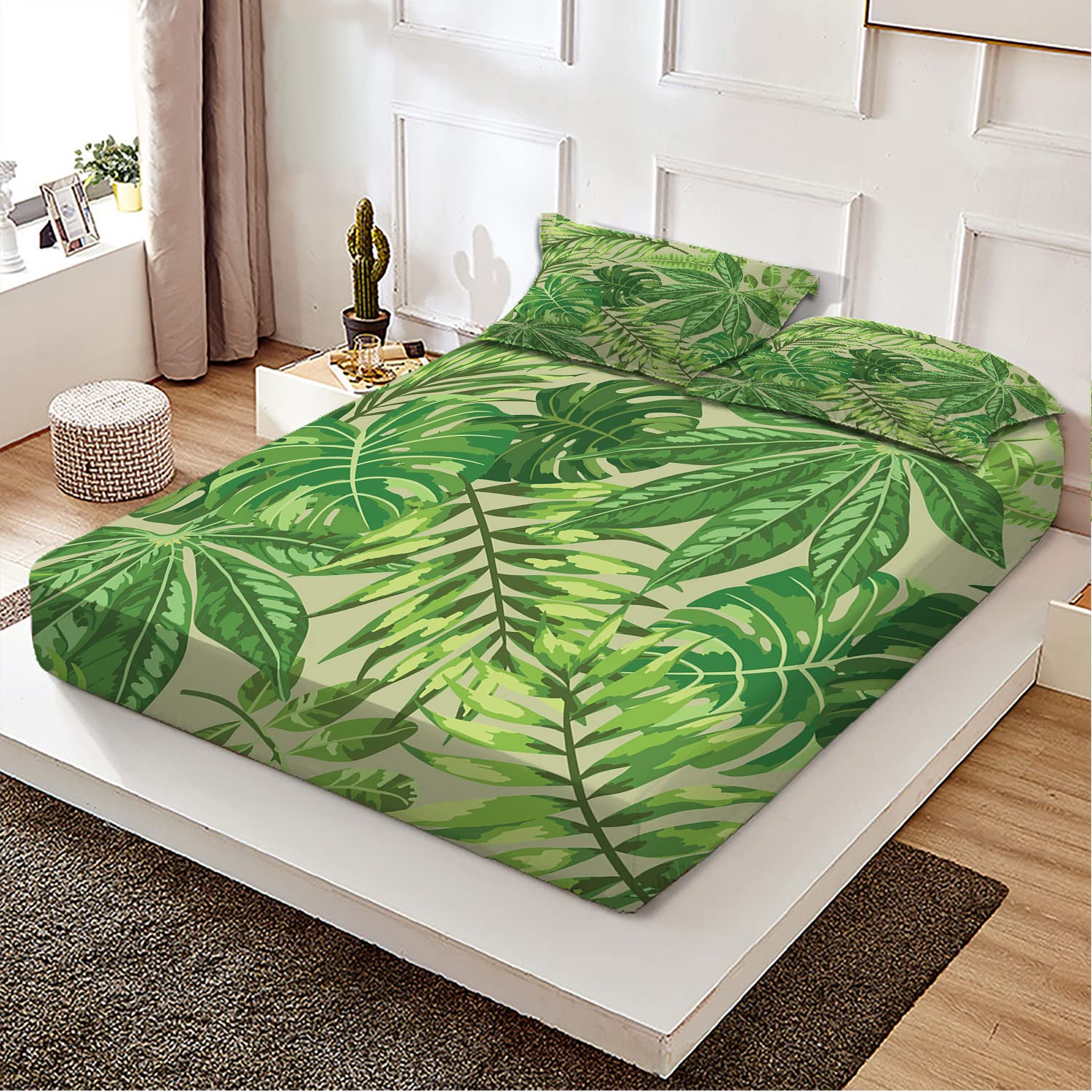 Green Leaf Theme Twin/Twin XL Fitted Bed Sheets - Fresh Jungle Aloha Pattern Printed 2-Piece Bedding Set | Ultra Soft & Breathable Fabric | Perfect Fit for Mattress (Apple Green) | Ideal for Tropical Bedroom Decor, Vacation Homes & Boho Chic Style