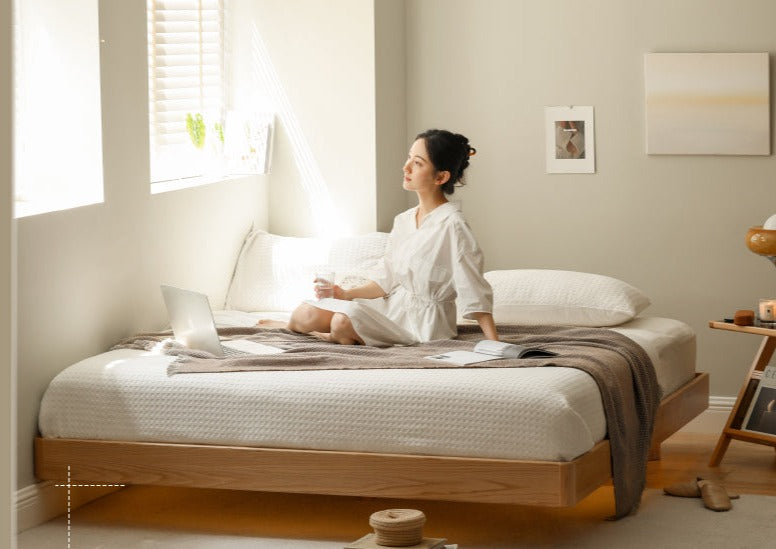 Solid Oak Wood Floating Platform Bed - No Headboard Modern Minimalist Bed Frame with LED Lights for Bedroom, Guest Room, or Studio Apartment