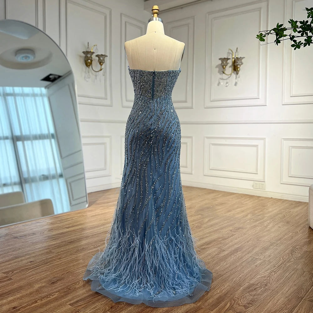 Elegant Blue Feather Beaded Evening Gown with Side Slit - LA72695 | Perfect for Prom, Gala & Formal Events