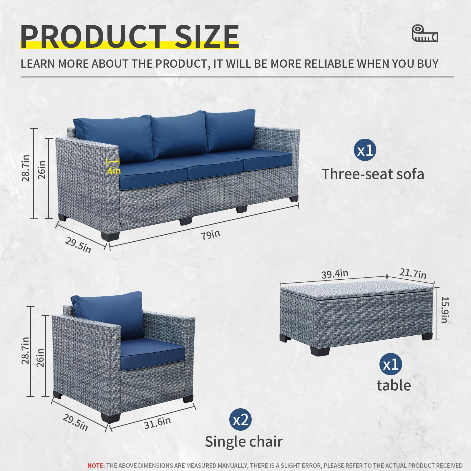 4-Piece Wicker Patio Furniture Set, Outdoor PE Rattan Sectional Sofa Conversation Set with Storage Coffee Table & Royal Blue Cushions - Perfect for Garden, Poolside, and Backyard Relaxation