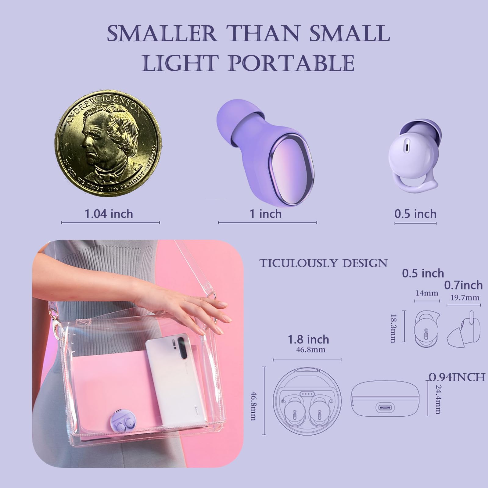 Xmenha Invisible Purple Bluetooth Sleep Earbuds for Side Sleepers - Wireless Noise Canceling Tiny Earbuds for Small Ears, Comfortable Hidden Headphones for Nighttime Use, Travel & Meditation