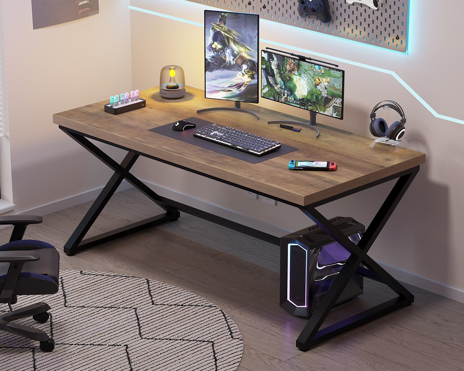 IBF Rustic Computer Desk - Modern Metal Farmhouse Home Office Desk, Minimalist Wood Laptop Executive Workstation, 55 Inch Rustic Oak Gaming Table for Bedroom, Study, or Small Space Office