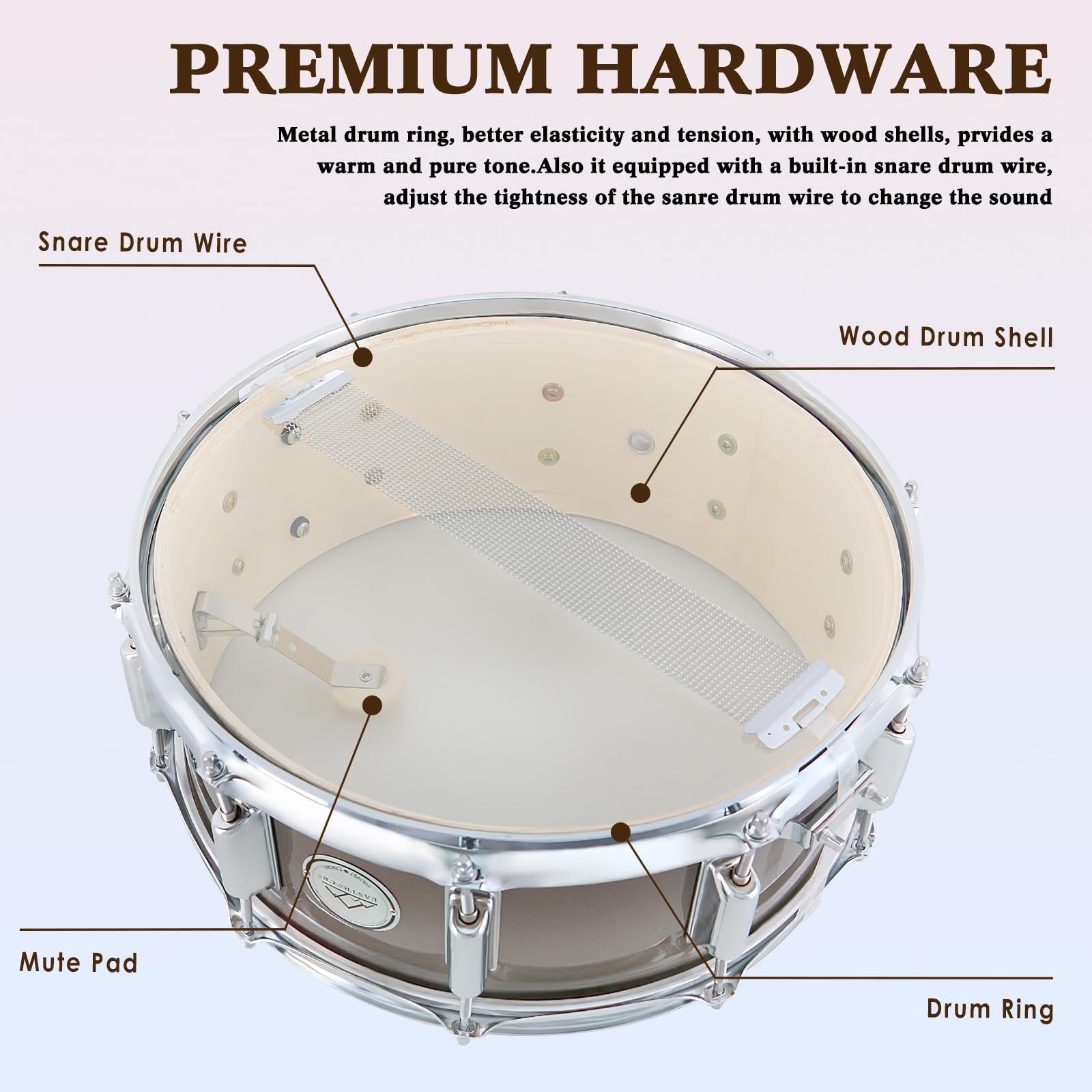 EASTROCK 14x5.5 Inch Snare Drum Set for Beginners - Includes Gig Bag, Drumsticks, Stand, Drum Keys & Coated Head - Champagne Finish - Perfect for Student Practice, School Bands & Home Music Studio