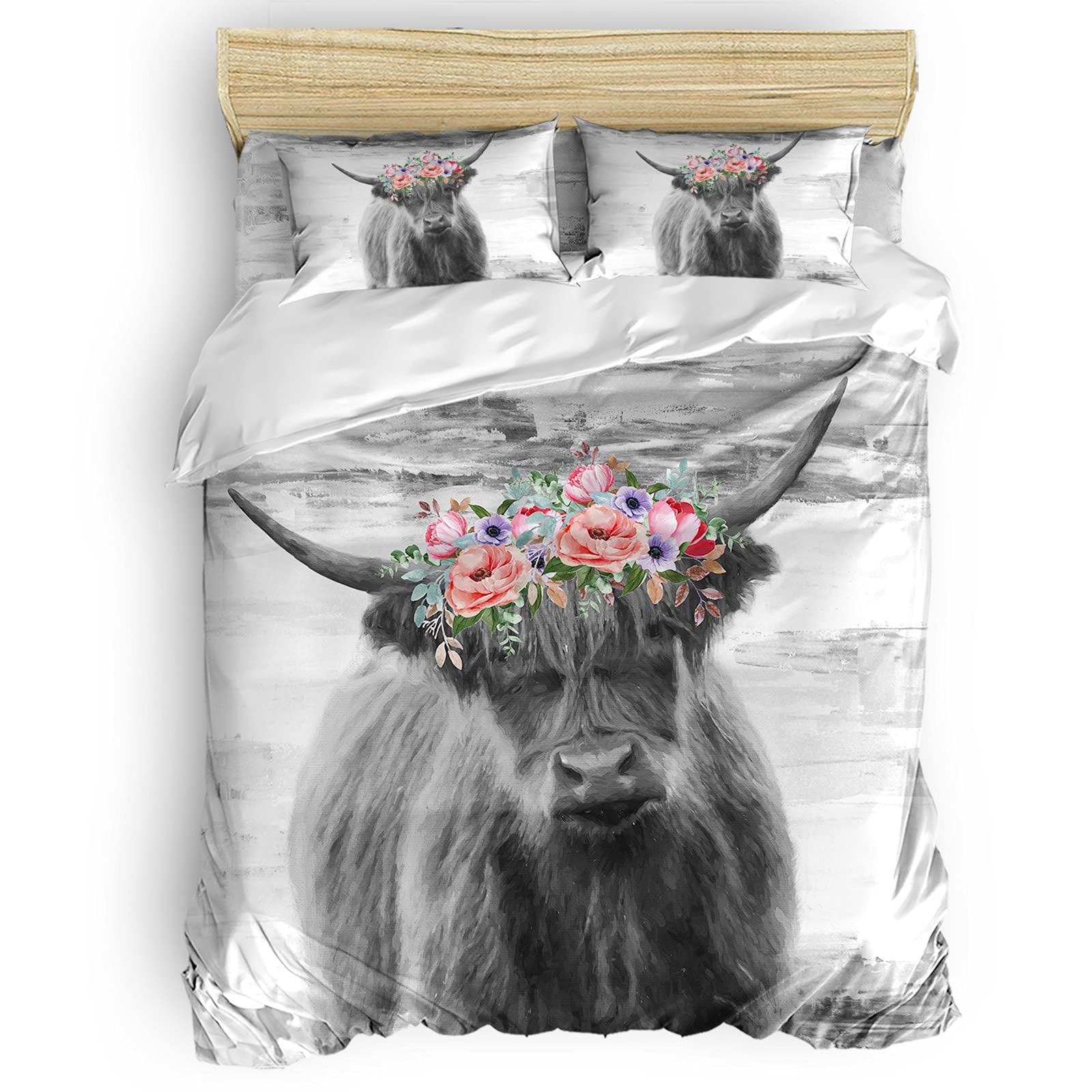 4Pcs Highland Cow with Wreath Duvet Cover Set King Size - Soft Bedding Sheet & Comforter Cover with Zipper Closure - Perfect for Farmhouse, Rustic or Country Style Bedroom Decor