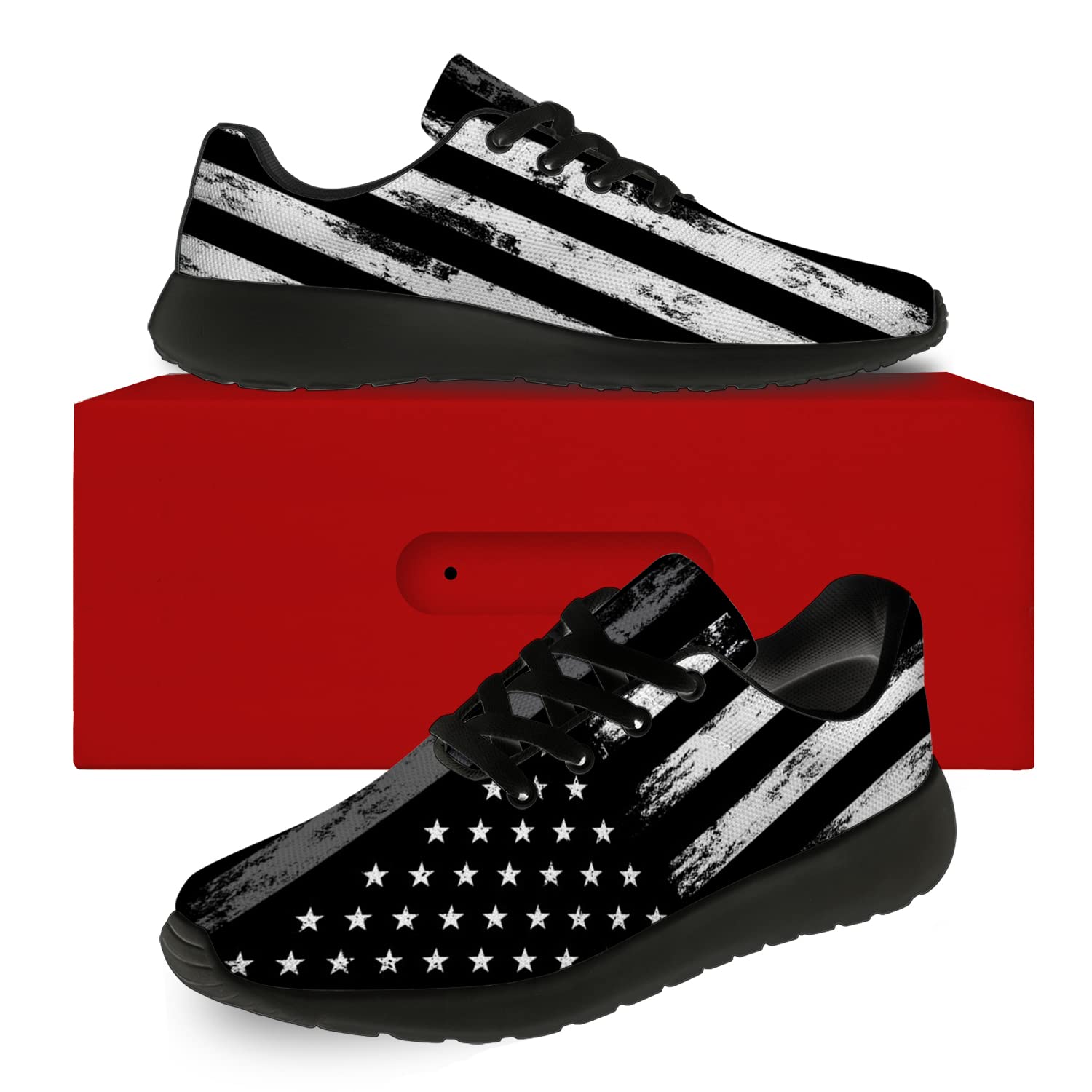 Patriotic American Flag Print Running Shoes for Men & Women - Thin Gray Line Walking Tennis Sneakers - Size 10 Men/11.5 Women in Black - Perfect for Jogging, Gym Workouts & Patriotic Events