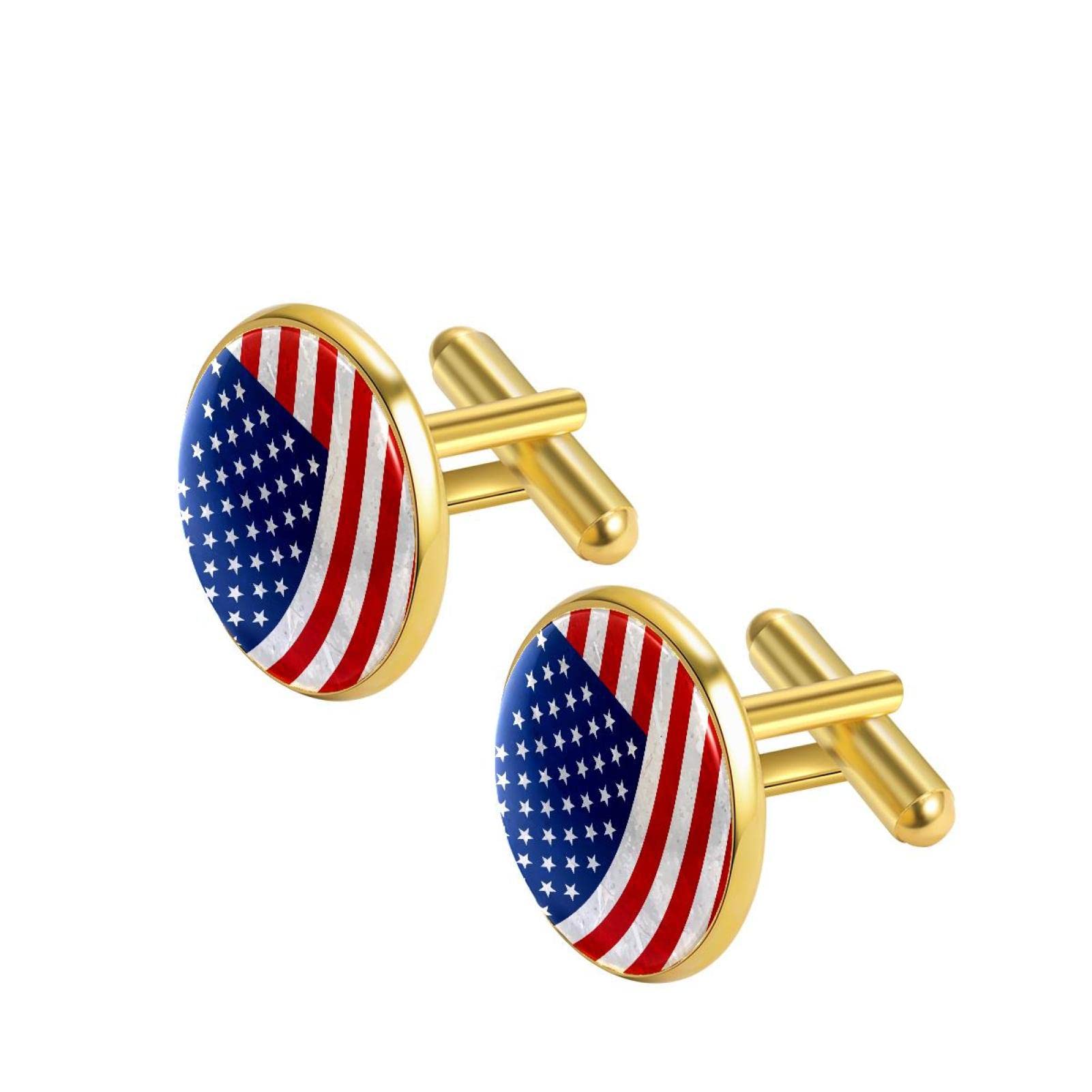 **Round Gold-Tone American Flag Cufflinks Set - Stars & Stripes Design for Men, Perfect for Weddings, Business & Gifts (Dad, Boyfriend, Husband) - Ideal for Formal Events, Promotions & Special Occasions**