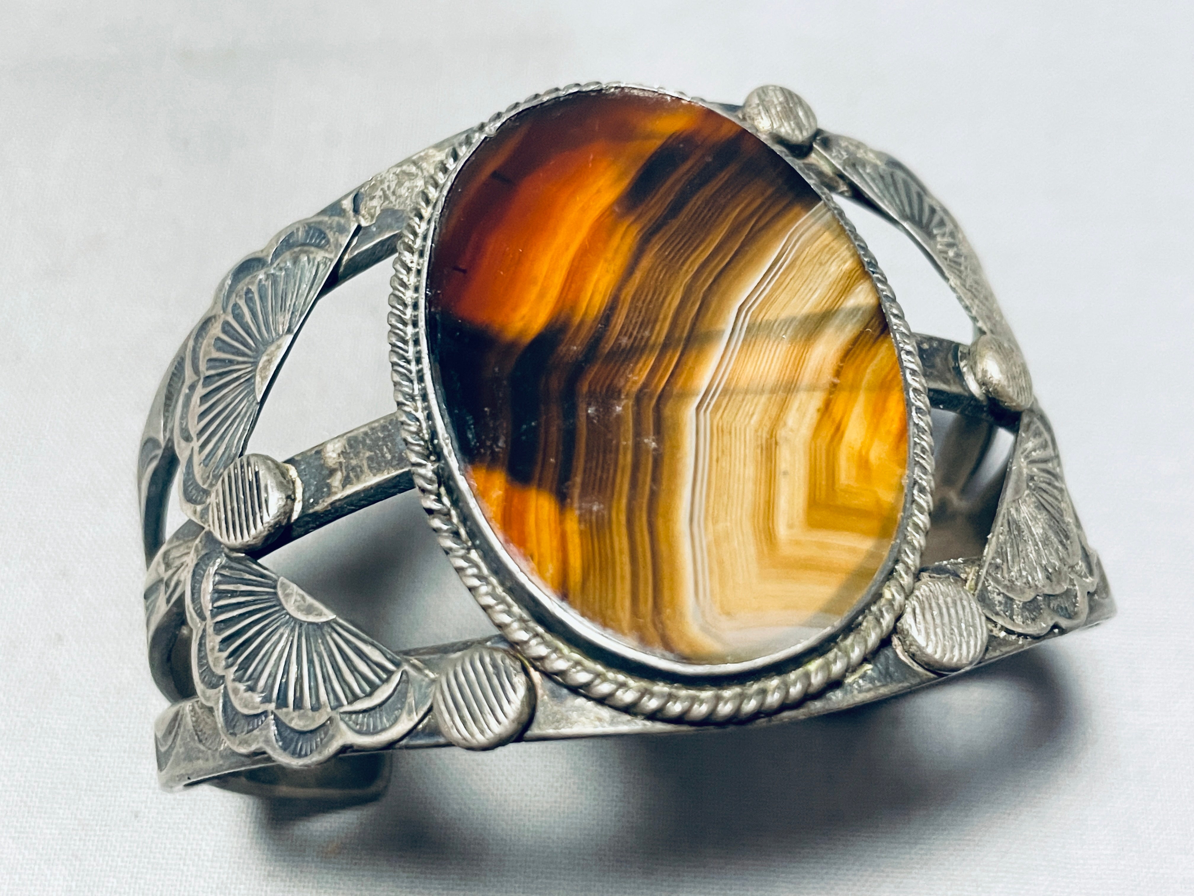 Vintage 1940s Navajo Sterling Silver Bracelet with Petrified Wood - Authentic Native American Jewelry for Collectors & Boho Fashion
