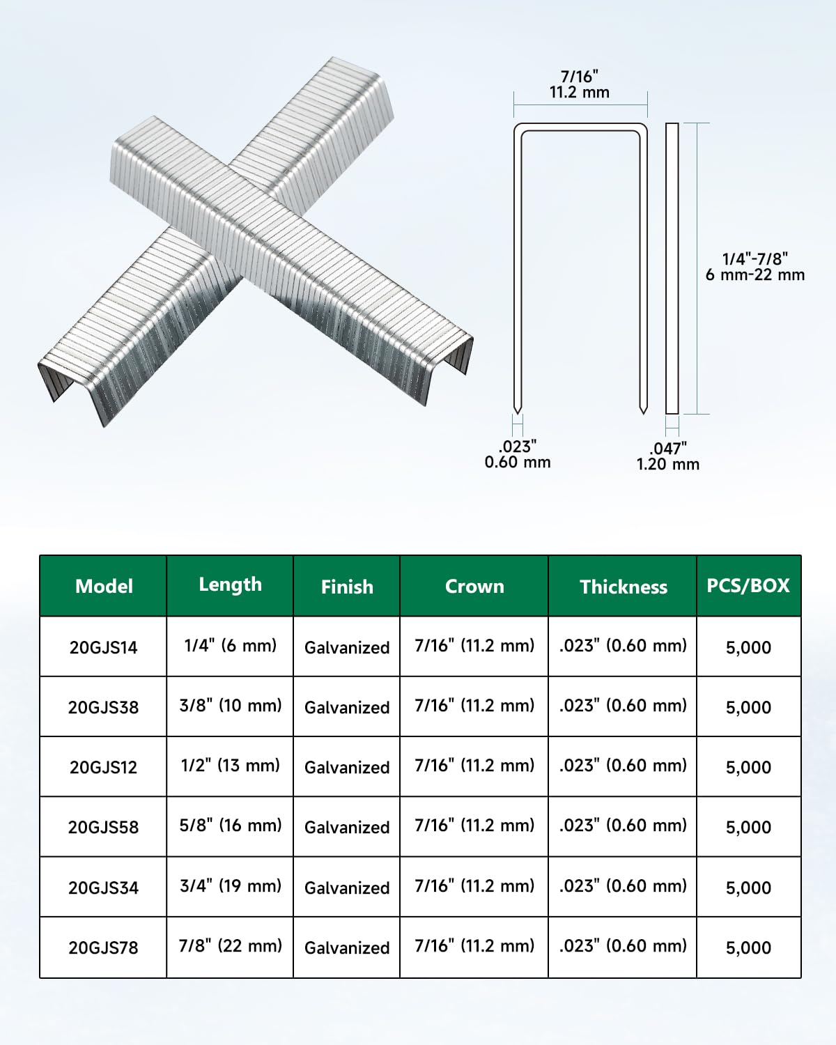Meite J10 Series 7/16-Inch (11.2mm) Crown 1/2-Inch Length 20 Gauge Upholstery Staples - Galvanized Fine Wire Staples for Staple Guns, Carpets, Work Boxes, Cables & Sheds (18 Boxes) - Perfect for Furniture Repair, DIY Projects & Home Improvement