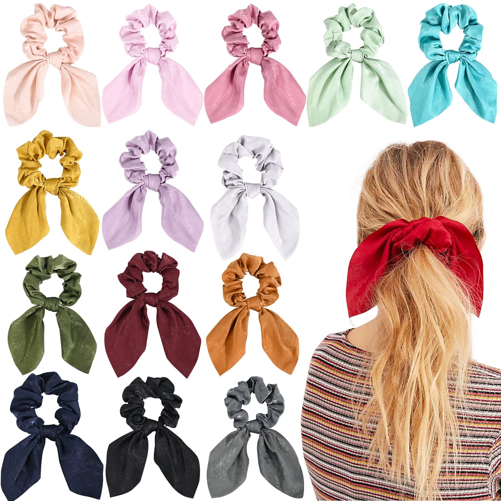 14 PCS Silk Bunny Ears Hair Scrunchies for Women - Hair Ties & Ponytail Holders for Daily Use