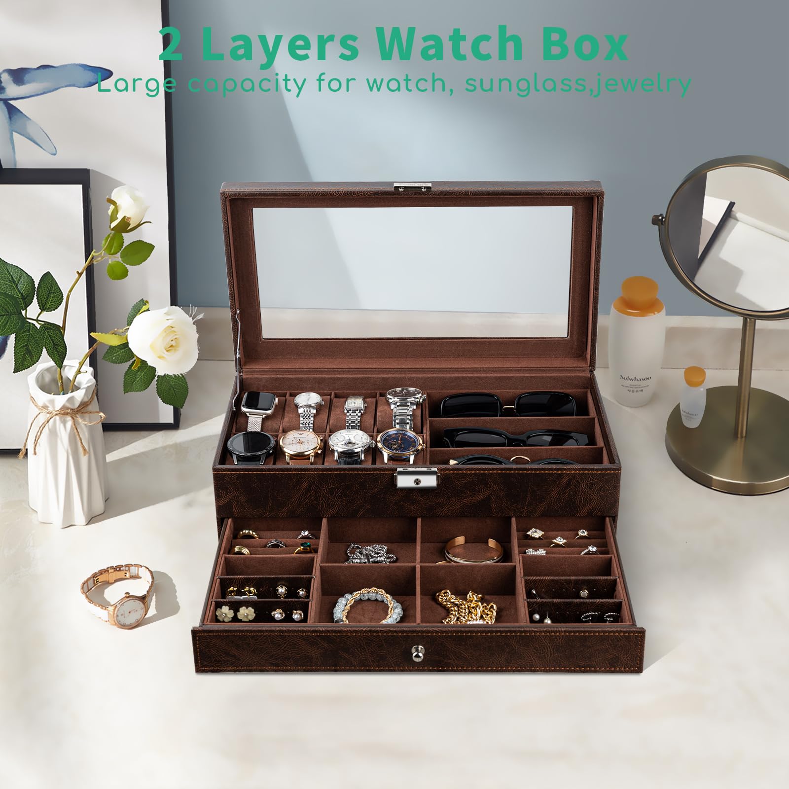 TomCare 2-Tier Watch Box with Lockable Glass Lid - Jewelry Organizer for Watches, Sunglasses, Rings, Necklaces & Bracelets - Premium Storage Case for Men & Women (Brown) - Perfect for Home Display, Travel & Gift Giving