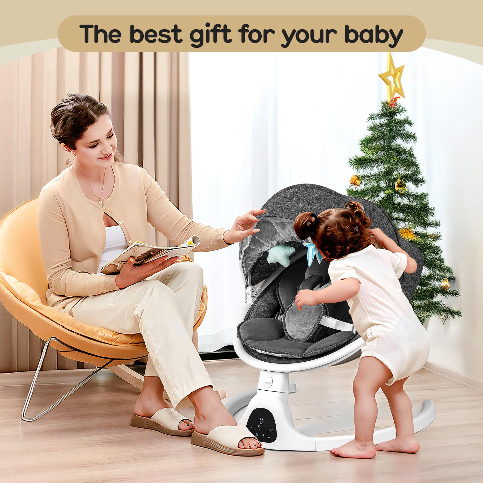 Electric Baby Swing for Infants to Toddlers - 5 Speed Adjustable, Remote Control, Built-in Lullabies & Digital Touch Panel (Elegant Gray) - Perfect for Nursery, Bedtime Soothing & Hands-Free Parenting