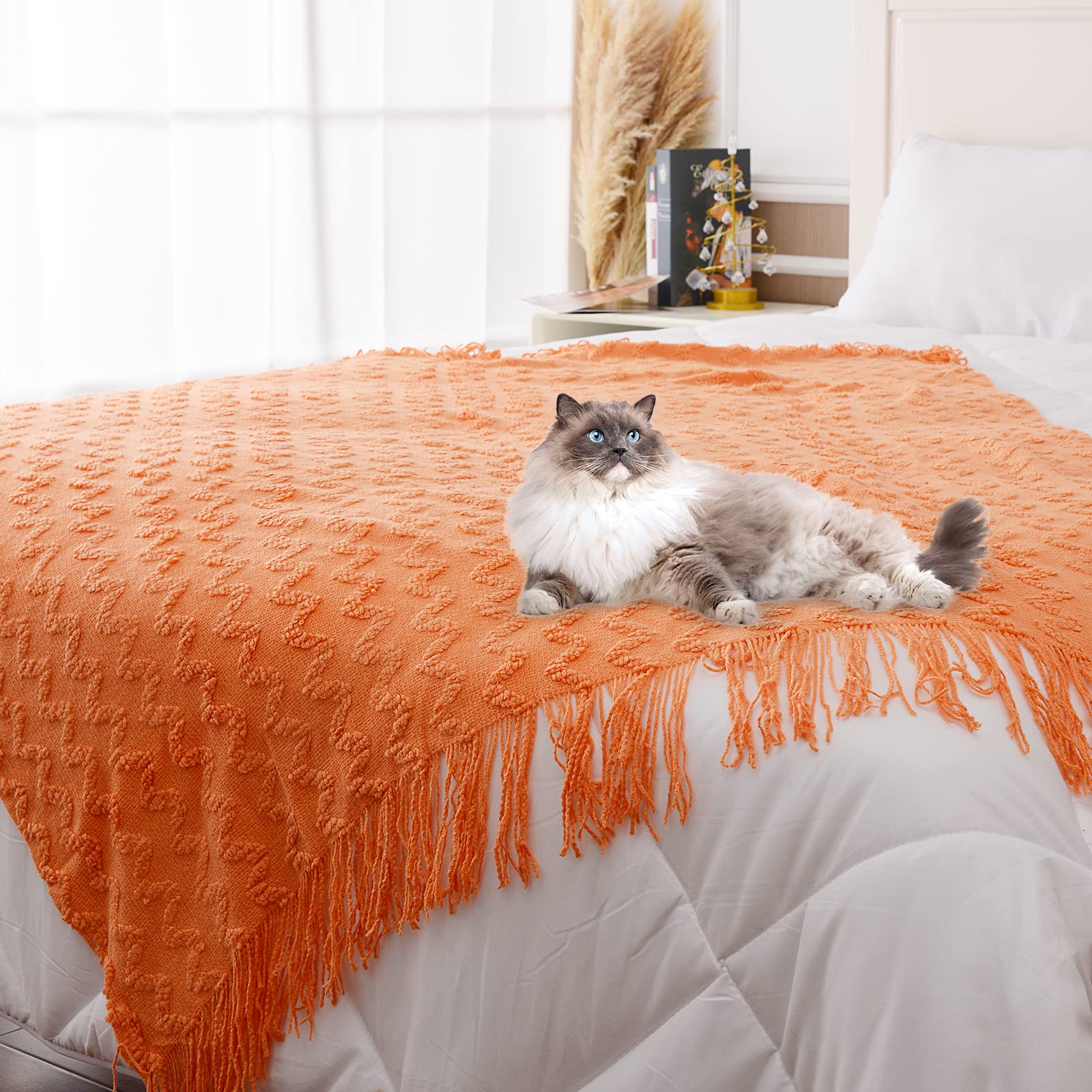 Quinnsus Knit Throw Blanket - Soft Lightweight Decorative Jacquard Textured Boho Blanket with Tassels for Bed, Sofa & Living Room - Perfect for Summer, Cozy Nights & Home Decor (Orange, 50x60 Inches)