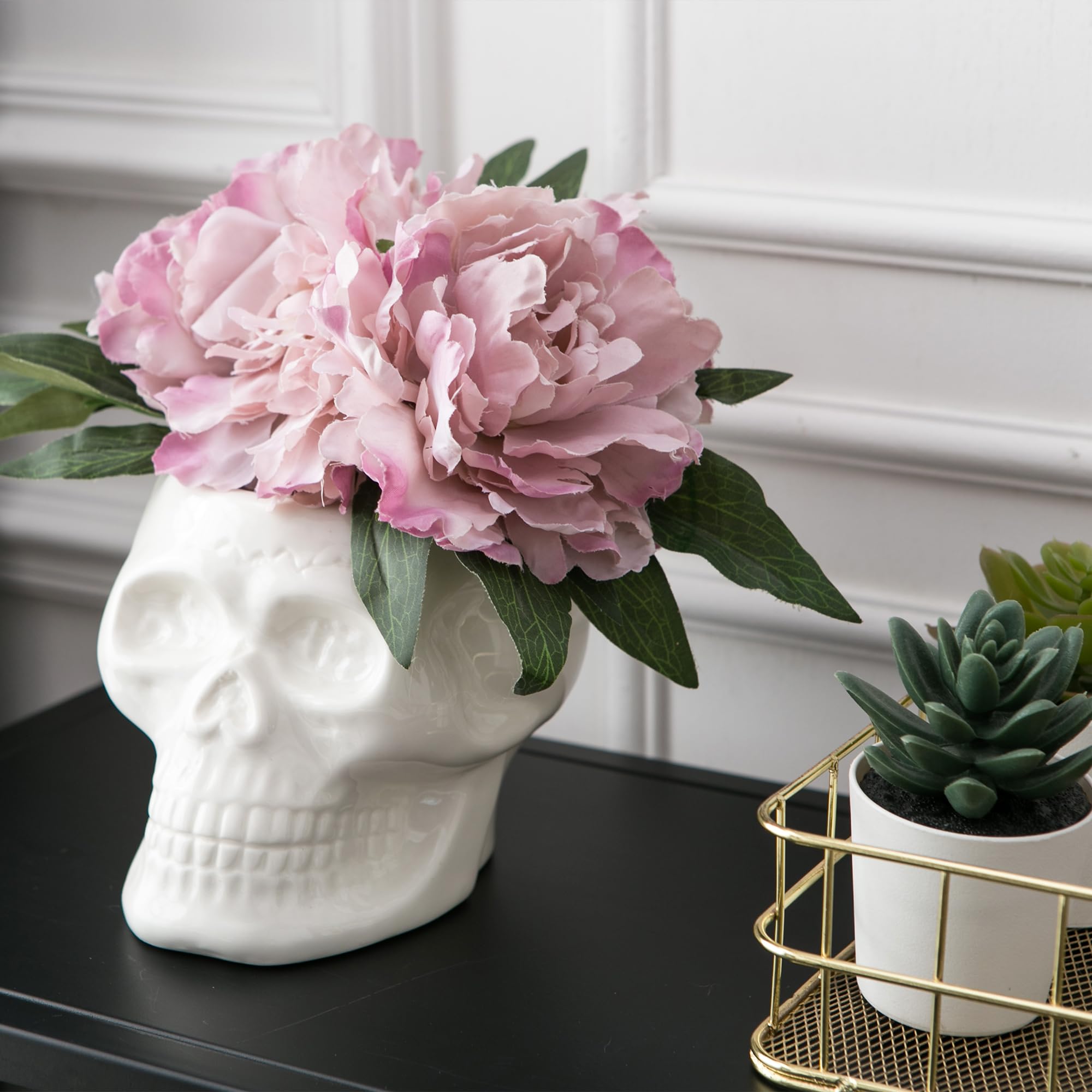 Skull Planter Pots & Skeleton Vase for Succulents & Flowers | Gothic Table Centerpiece | Punk Home Decor | Halloween & Day of The Dead Decorations - White | Perfect for Goth Home Decor, Halloween Parties & Succulent Displays