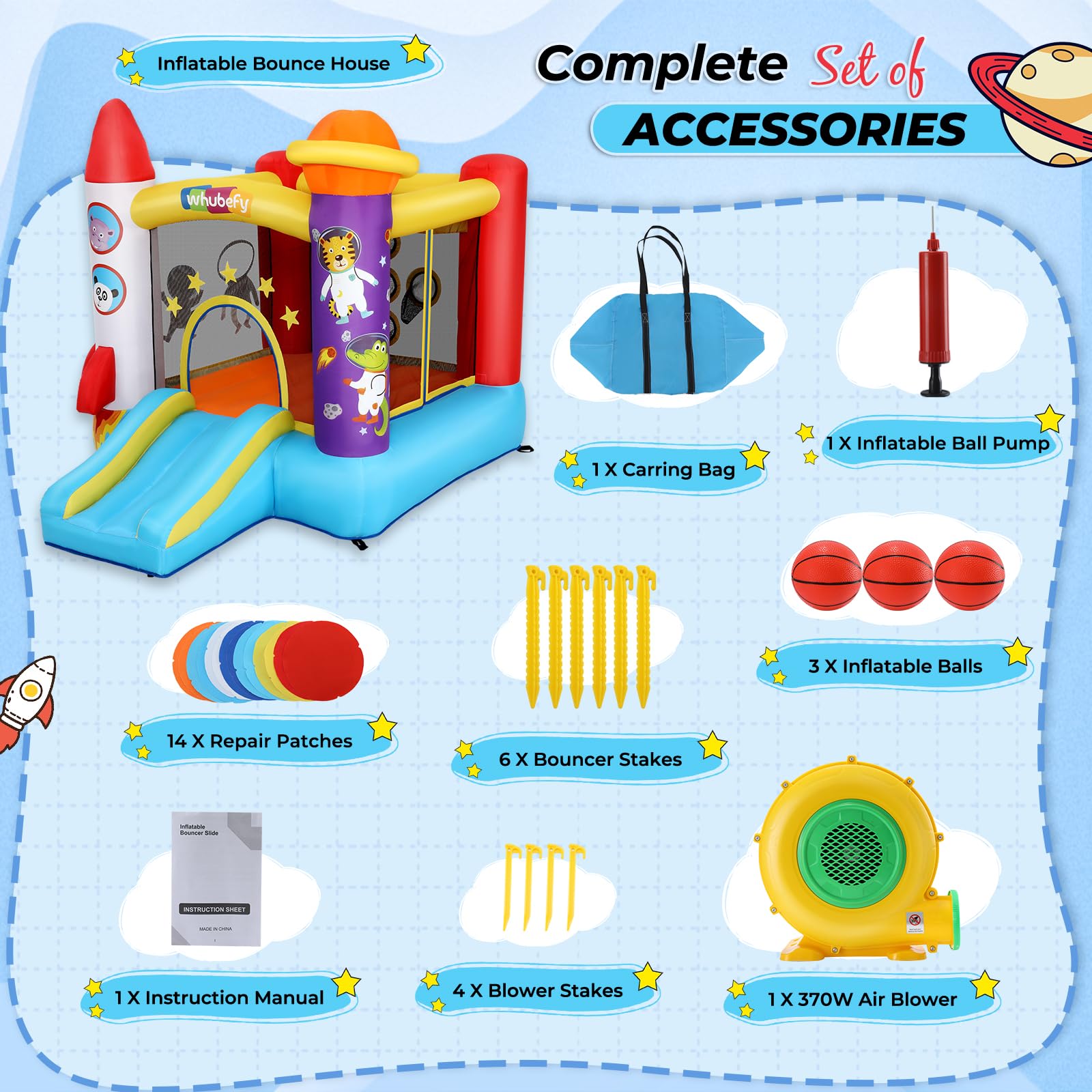 Inflatable Bounce House for Kids 2-8 Years - Astronaut Theme with Slide, Pitching Game & Photo Backdrop - 106