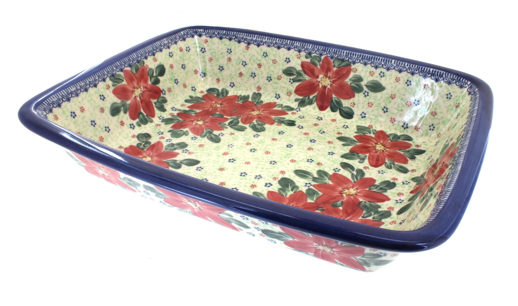 Handmade Blue Rose Polish Pottery Poinsettia Lasagna Dish - Traditional Ceramic Baking Pan for Holiday Dinners & Family Gatherings