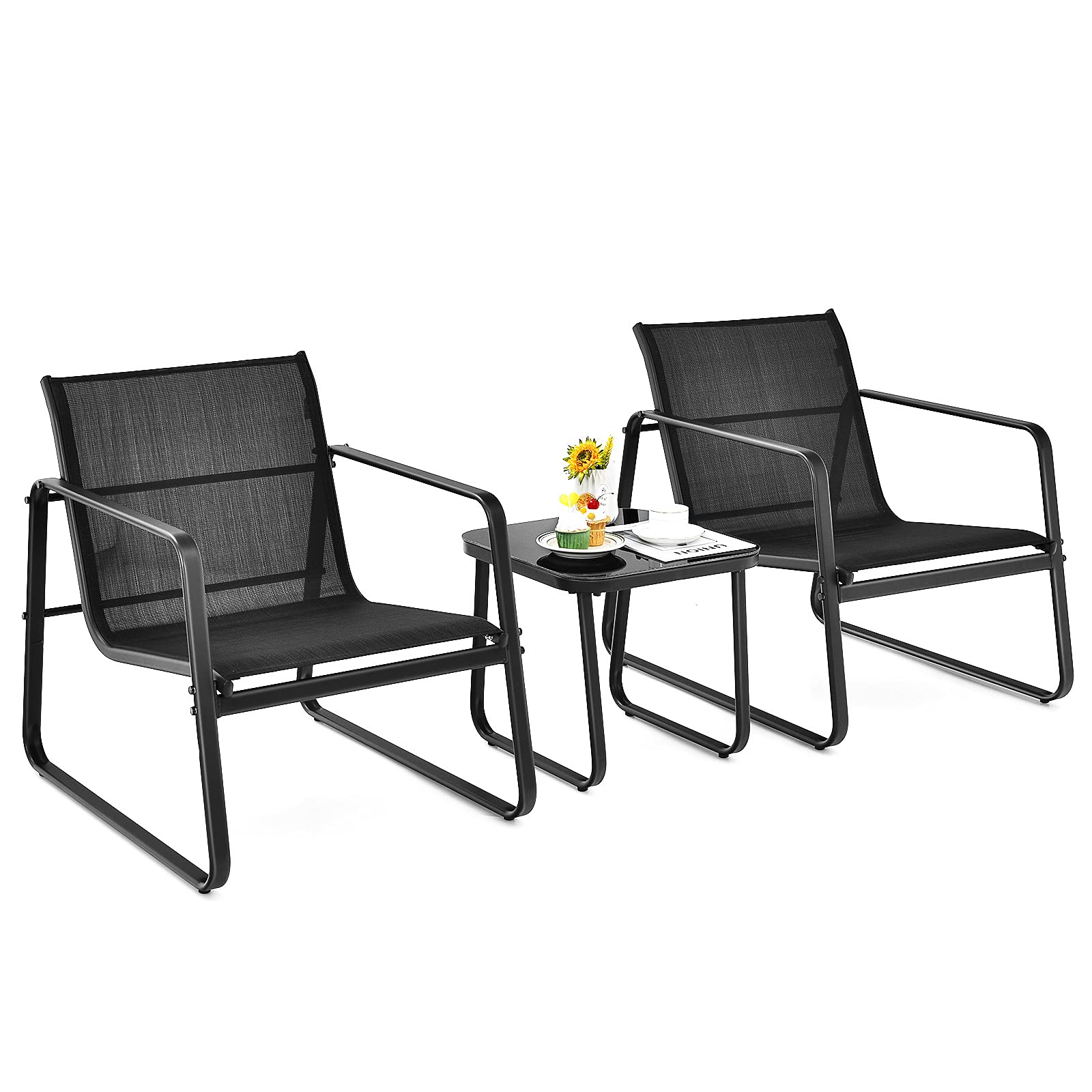 Giantex 3-Piece Patio Bistro Set - Outdoor Dining Furniture with Rustproof Steel Frame, Glass Top Table & 2 Chairs for Garden, Balcony, Deck, Yard - Perfect for Outdoor Entertaining, Relaxing & Dining (Black)