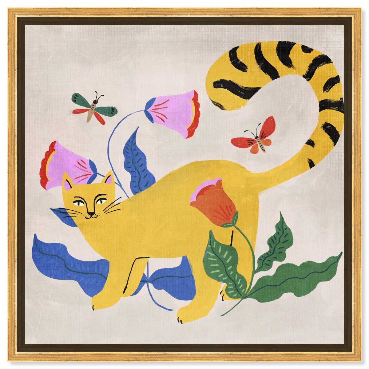 Blonde Tabby Floral Kitten Butterfly Garden Modern Yellow Framed Canvas Wall Art Print - Perfect for Bedroom, Living Room & Nursery Decor