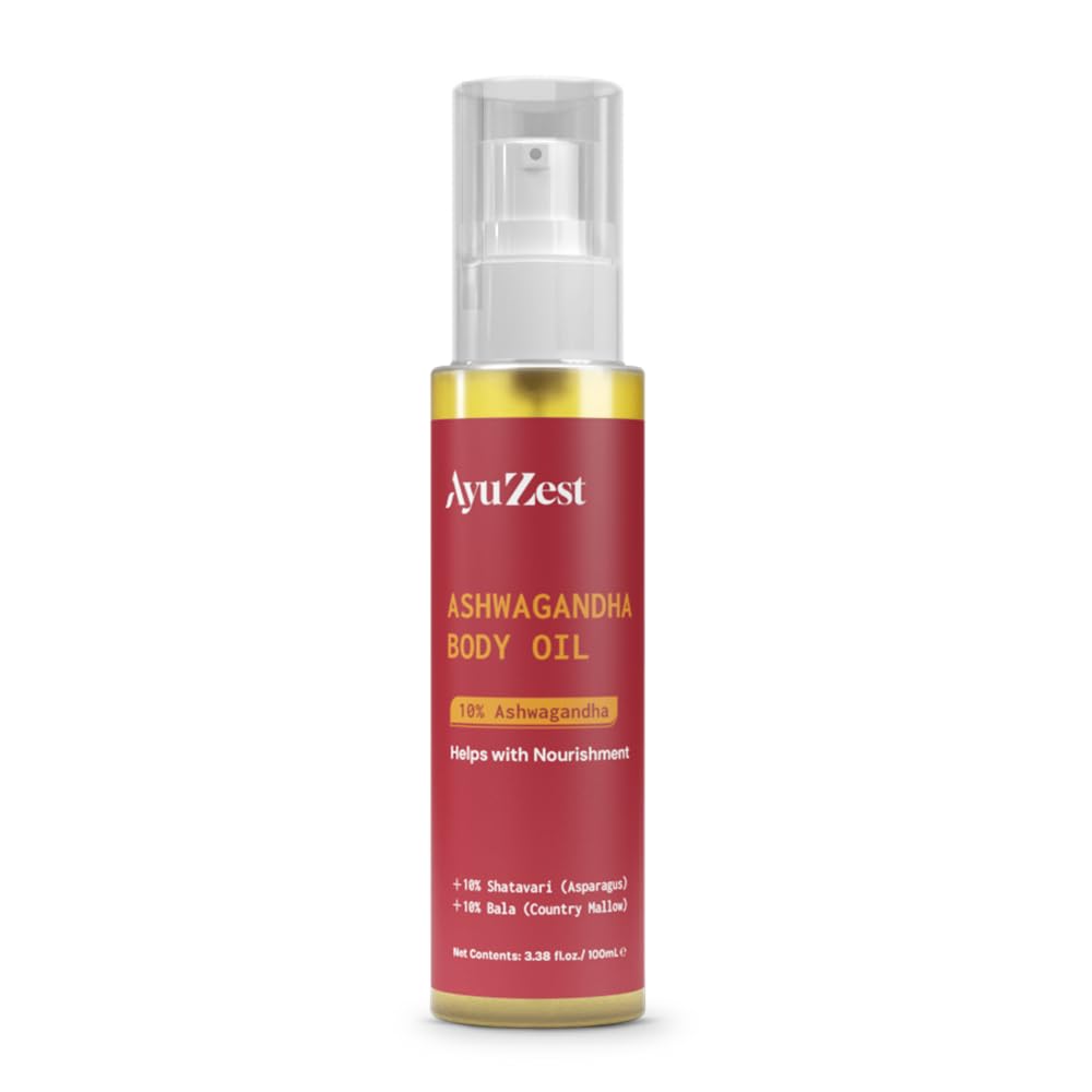 Ayuzest Ashwagandha Body Oil for Stress Relief & Skin Hydration - Organic Herbal Massage Oil for Relaxation, Sleep & Glowing Skin - Perfect for Aromatherapy, Yoga & Self-Care Rituals