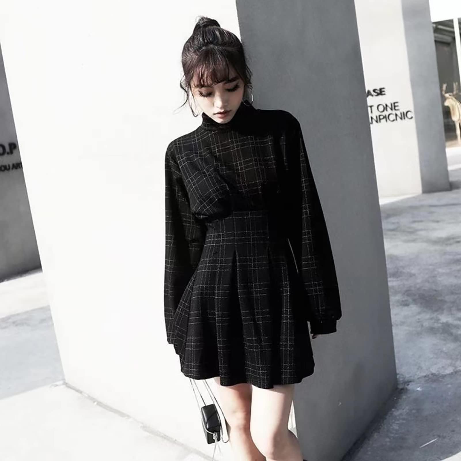 Gothic Plaid Mini Dress - Black Long Sleeve Emo Style Dark Aesthetic Dress for Women | Perfect for Halloween, Concerts & Alternative Fashion