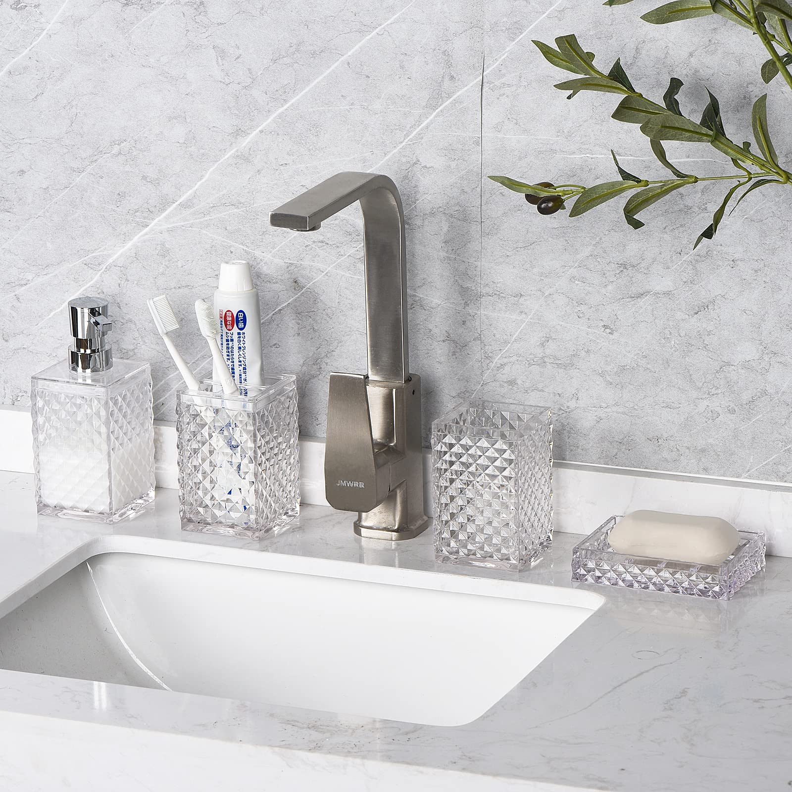 6-Piece Clear Acrylic Bathroom Accessories Set - Toothbrush Holder, Cup, Soap Dispenser, Toilet Brush Set & Soap Dish | Modern Bathroom Decor | Housewarming Gift for New Home, Apartment or Dorm