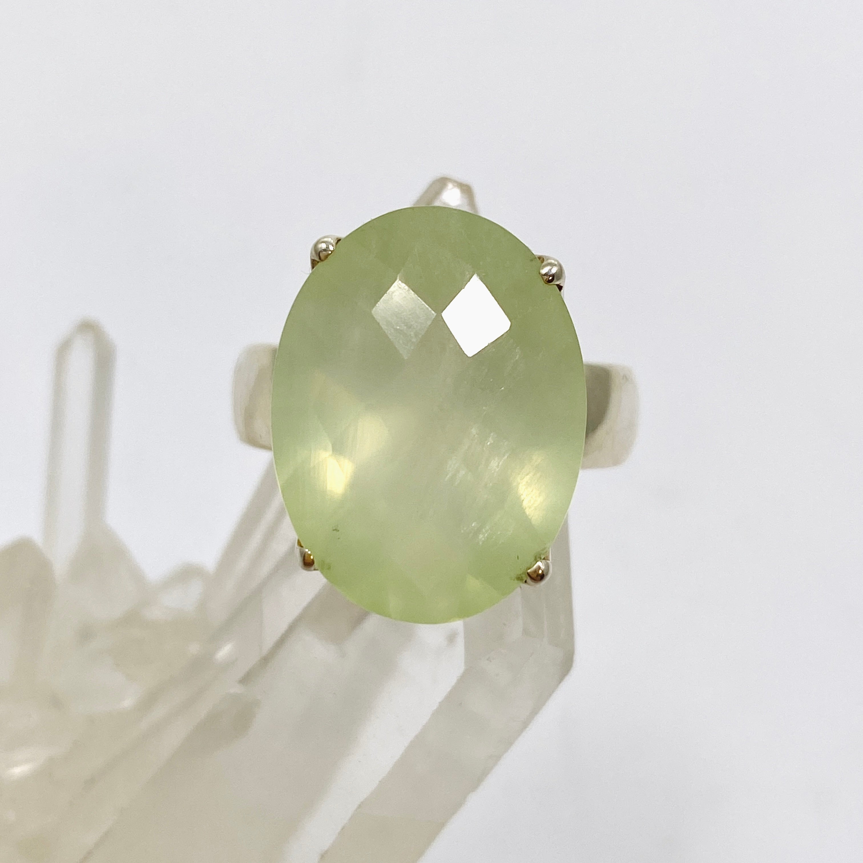 Prehnite Oval Checkerboard Faceted Ring Size 9 - Dainty Gemstone Jewelry for Women - Perfect for Engagement, Wedding & Everyday Wear