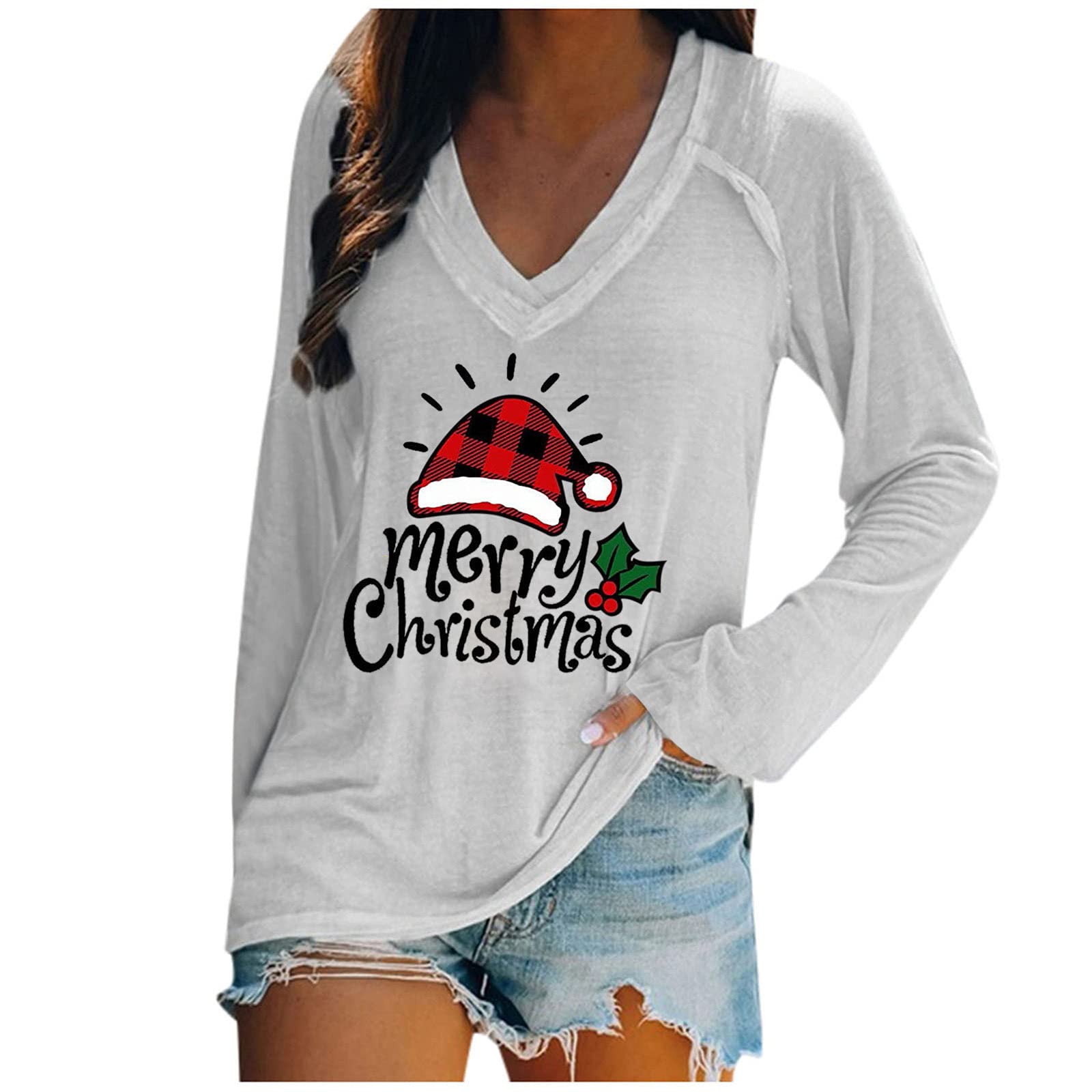 Funny Christmas Wine Lover T-Shirt - Women's Rhinestone Wine Glass Santa Hat Long Sleeve V-Neck Sweatshirt | Holiday Party, Ugly Sweater Contest, Gift Exchange