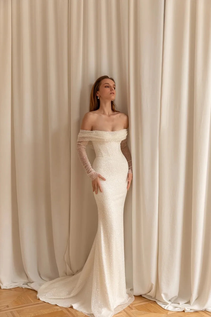 Sparkly Sequin Off-Shoulder Mermaid Wedding Gown with Removable Train - Perfect for Beach Weddings, Evening Galas & Formal Occasions