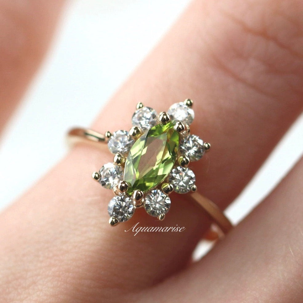 14K Solid Yellow Gold Marquise Natural Peridot Engagement Ring for Women - Perfect for Proposals, Anniversaries & Special Occasions