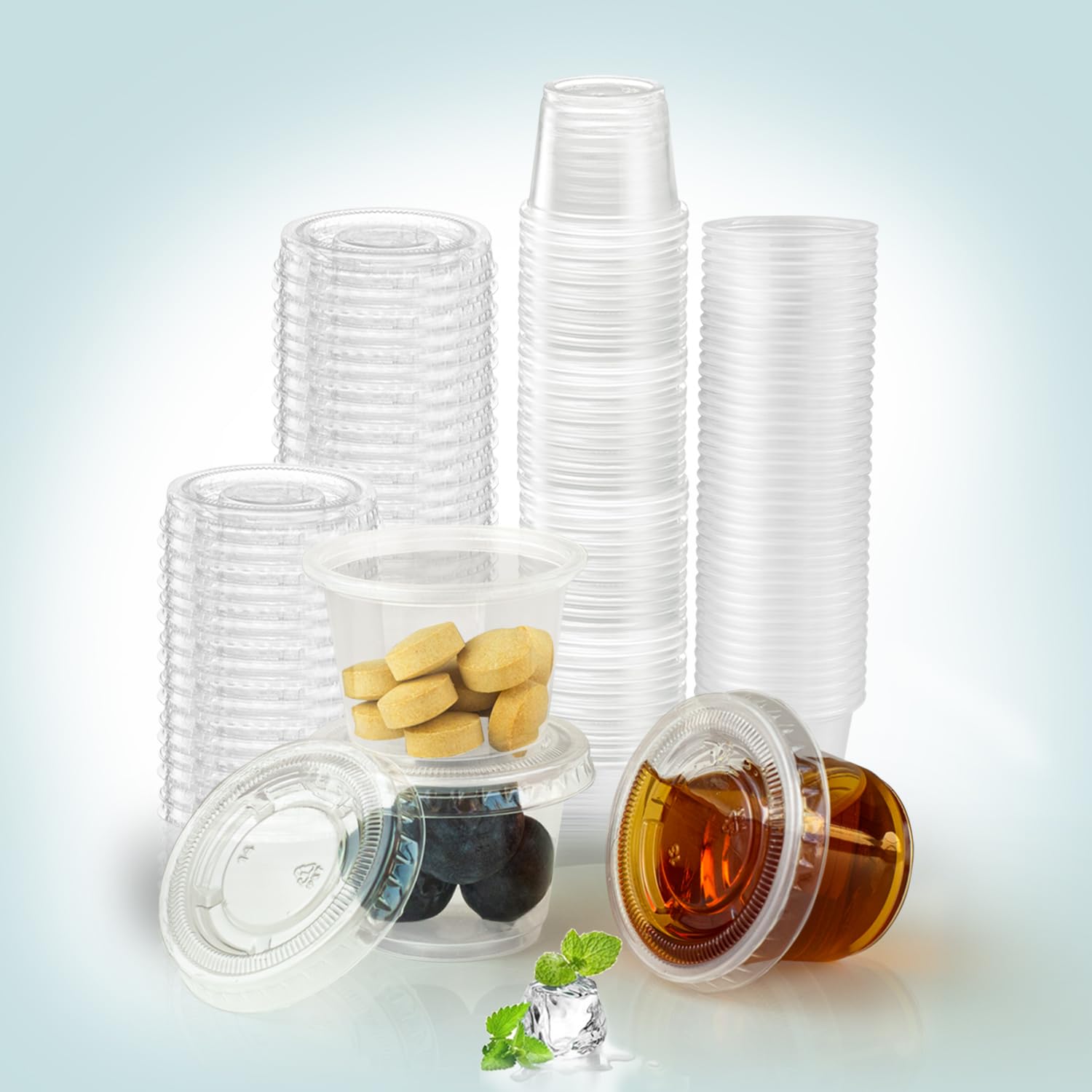 120 Pack 1oz Small Plastic Condiment Cups with Lids - Disposable Portion Containers for Sauces, Dressings, Dips - Perfect for Lunch Boxes, Parties, Picnics, Travel & Meal Prep