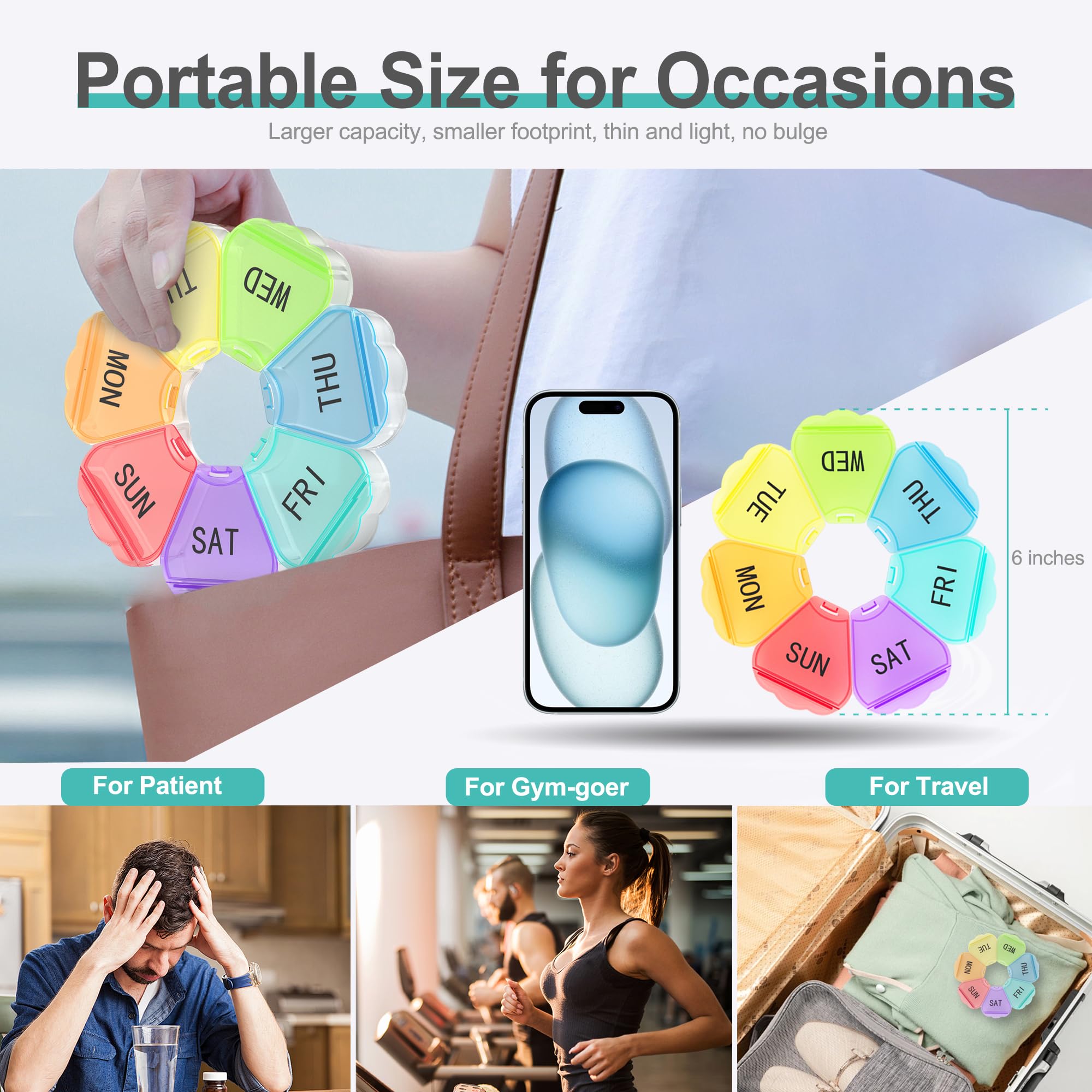7-Day Weekly Pill Organizer with Large Compartments - Travel-Friendly Daily Medication Box for Pills, Vitamins & Supplements (Rainbow Color) | Perfect for Home, Office & Travel Use