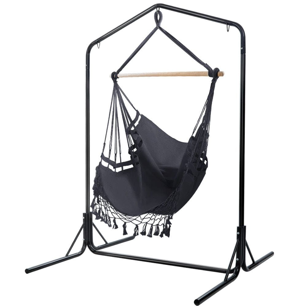Gardeon Outdoor Hammock Chair with Stand - Grey Hanging Rope Swing with Tassels - Perfect for Patio, Garden, Backyard Relaxation & Boho Decor