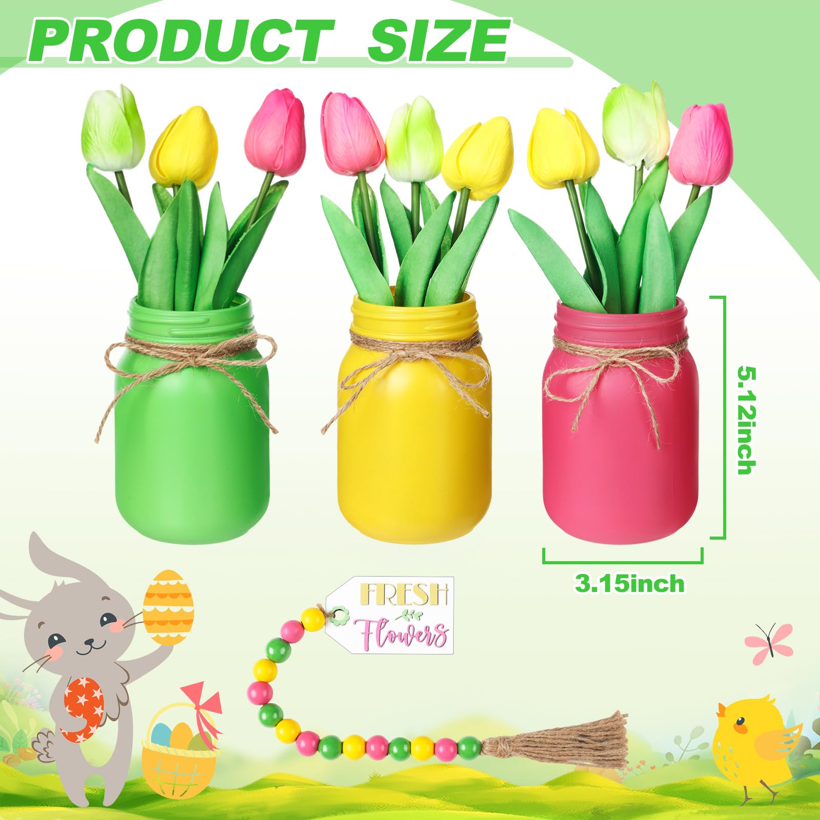 Karenhi 13-Piece Mason Jar Spring Table Decor Set with Artificial Tulip Flowers & Garland - Rustic Farmhouse Centerpiece for Dining Table, Kitchen, Wedding, Party Decorations | Perfect for Easter, Mother's Day & Spring Home Decor