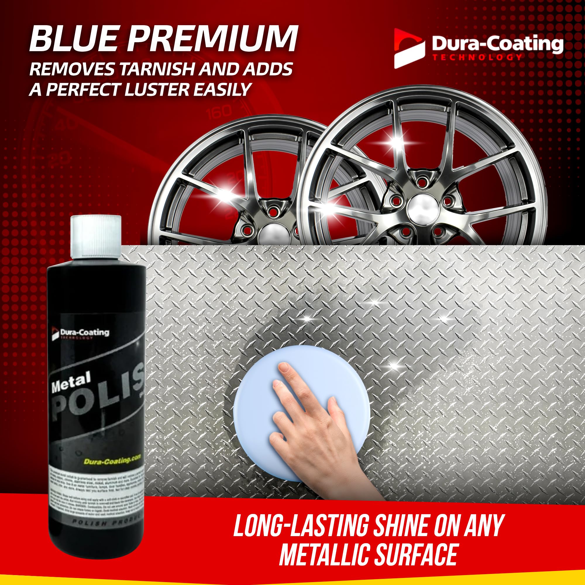 Premium Dura-Coating Metal & Paint Care Bundle - Blue Metal Polish, All-in-One Car Polish, Crazy Suds Car Wash, Wheely Clean Wheel Spray & Quick Slick Polymer Sealant with 4 Buffing Pads & Microfiber Towel - Complete Auto Detailing Kit for Cars, Motorcycles & Boats