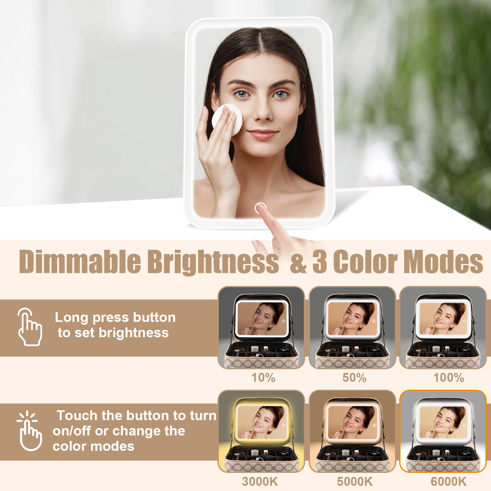 Lighted Makeup Train Case with Adjustable Brightness Mirror & Detachable 10x Magnifier - Portable Vanity Organizer for Travel, Home, and Professional Makeup Artists (Beige Clover)