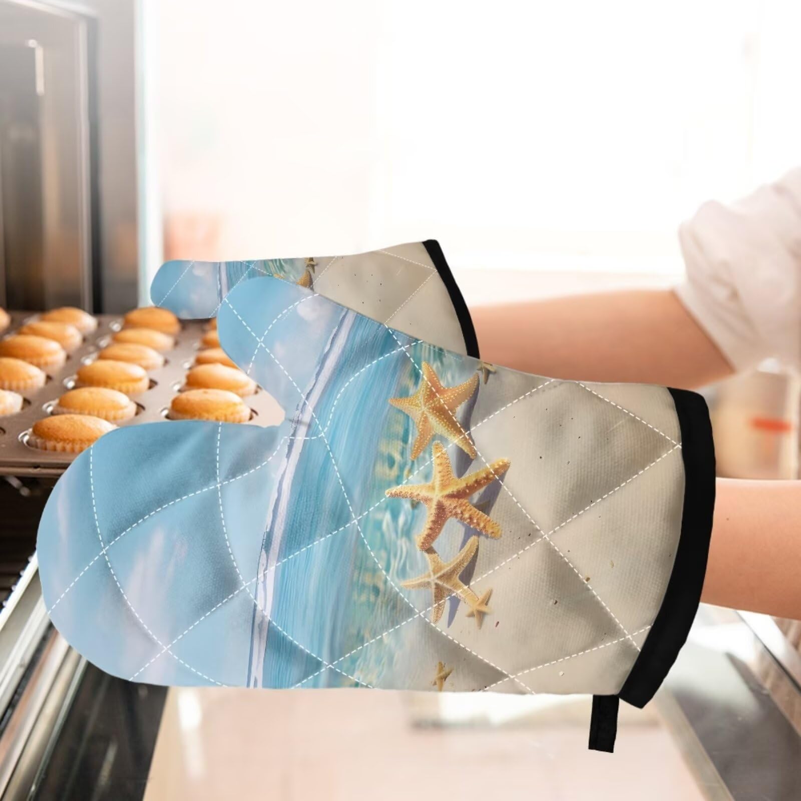 **Heat Resistant Oven Mitts and Pot Holders Set of 2 - Non-Slip Soft Baking Gloves with Beach Starfish Decor for Cooking, BBQ & Kitchen Safety - Perfect for Baking, Grilling & Hot Dish Handling**