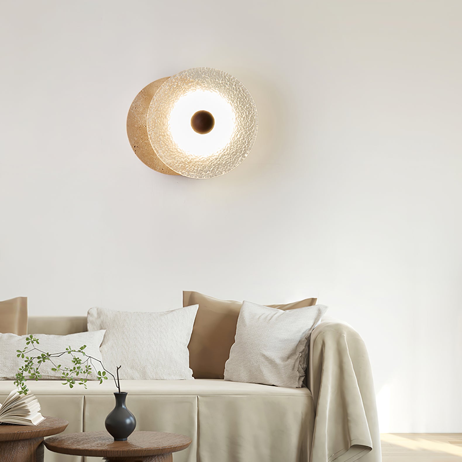 Aurora Travertine Wall Lamp - Modern Rustic Sconce Light Fixture for Bedroom, Living Room & Hallway - Dimmable LED Wall Lighting for Home Decor