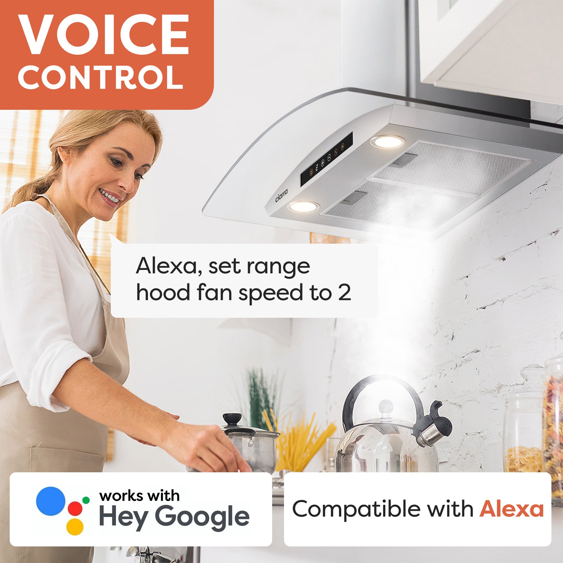 CIARRA 30 Inch Smart Wall Mount Range Hood with Alexa & Google Home Voice Control - Modern Glass Canopy Design for Kitchen Ventilation - Perfect for Home Chefs & Open Concept Kitchens (Model CAS75502W OW)