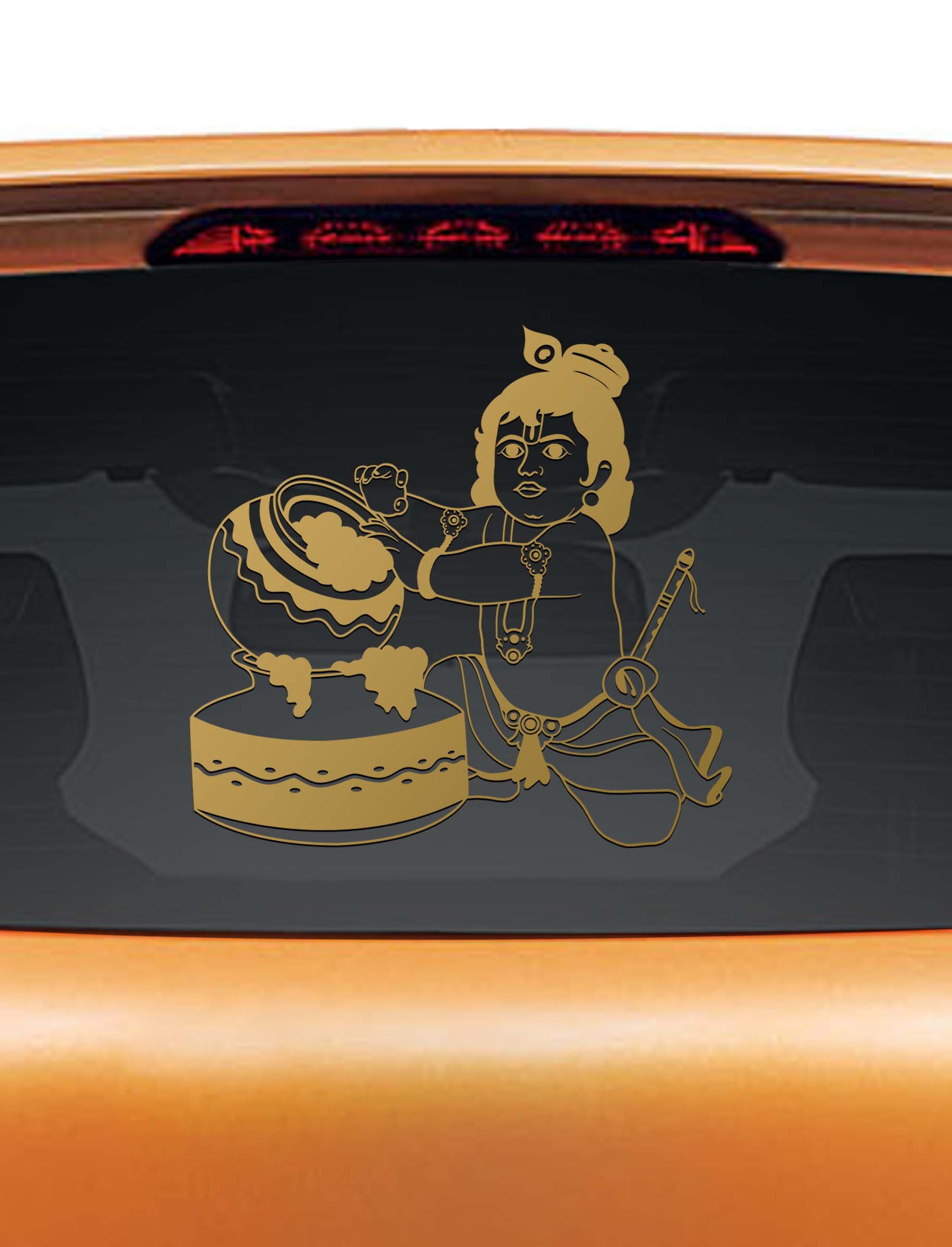 Little Krishna Eating Butter Gold Reflective Car Stickers - Decorative Wall & Auto Graphics for Vehicles, Windows, Laptops - Perfect for Hindu Devotees & Car Enthusiasts