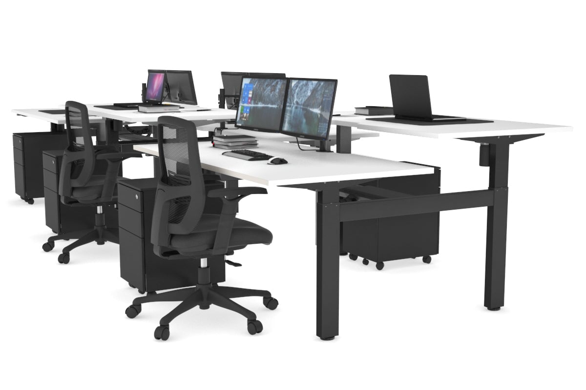 Just Right Height Adjustable 6-Person H Bench Workstation - Black Frame [1600L x 800W with Cable Management] - Perfect for Office, Coworking Spaces & Home Offices