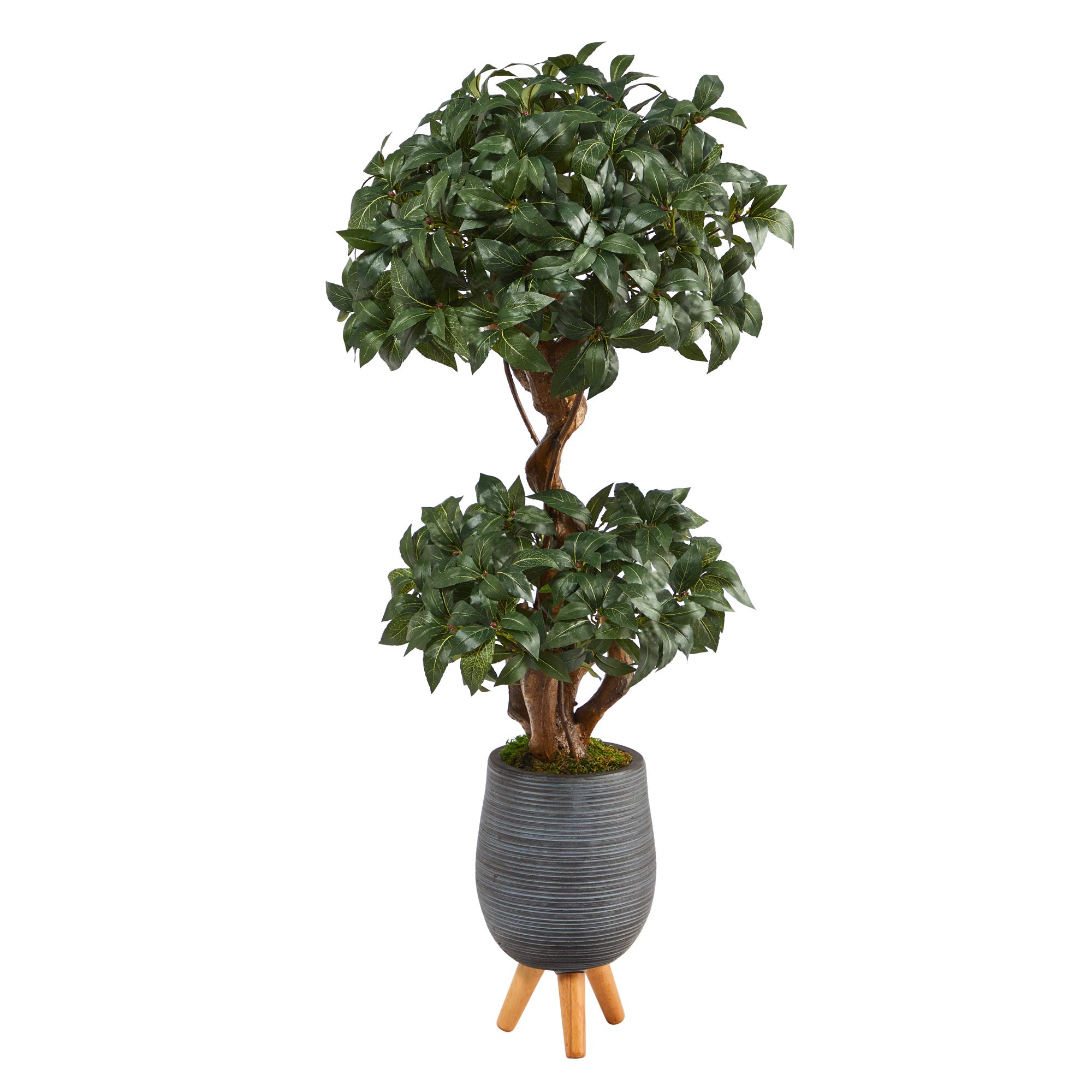4ft Sweet Bay Double Ball Topiary Artificial Tree - Realistic Faux Greenery in Gray Planter with Stand - Perfect for Home Decor, Office, Porch & Indoor/Outdoor Use