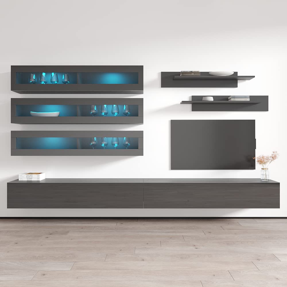 Modern Floating TV Stand with Storage & LED Lights - Wall-Mounted Entertainment Center Console for Bedroom & Living Room - 30 Inch TV Stand with Shelves - Gray - Perfect for Small Spaces & Home Theater Setup